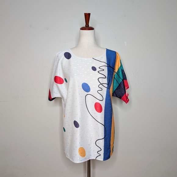 RARE Vintage 80s VERA Short Sleeve Bright Print Poly Blouse - Picture 1 of 7